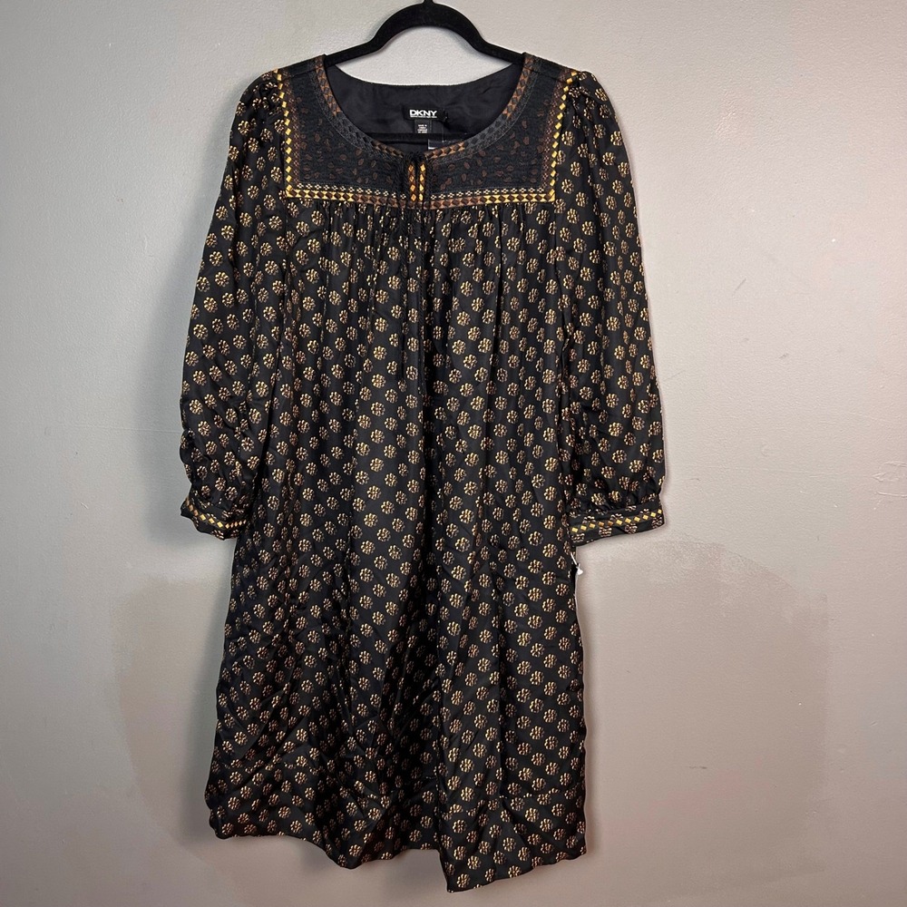 DKNY Black Dress Size 14 Gold Meadow Noir Floral Print Silk Meadow Noir Cottage